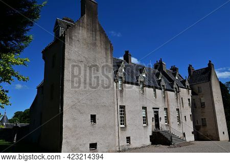 An Exterior View Of The Historic Drum Castle Building In The Royal Deeside Region Of Scotland.