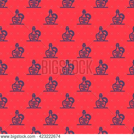Blue Line Wine In Italian Fiasco Bottle Icon Isolated Seamless Pattern On Red Background. Wine Bottl