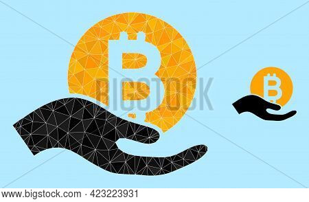 Low-poly Bitcoiin Donation Hand Icon On A Sky Blue Background. Polygonal Bitcoiin Donation Hand Vect