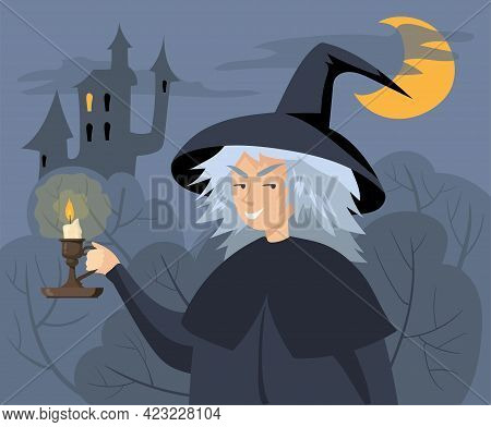Evil Cartoon Witch Holding Candlestick Vector Illustration. Old Woman In Hat With Burning Candle In 