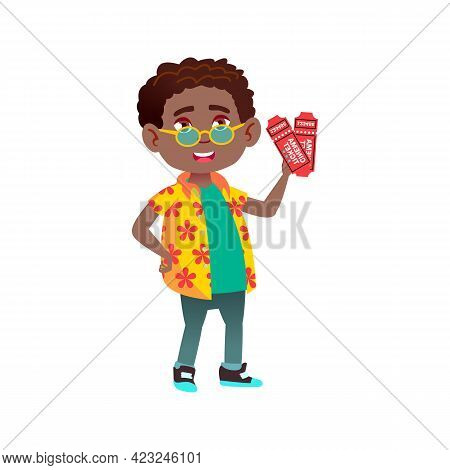 African Boy Holding Tickets And Inviting Friend To Cinema Cartoon Vector. African Boy Holding Ticket