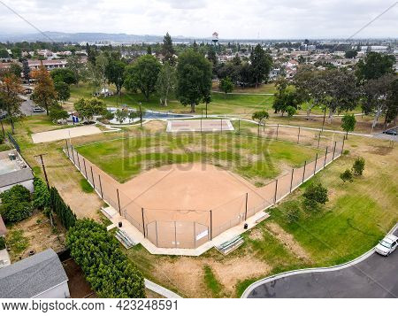Aerial View Of Baseball Fields In Community Park, Placentia, California, Usa