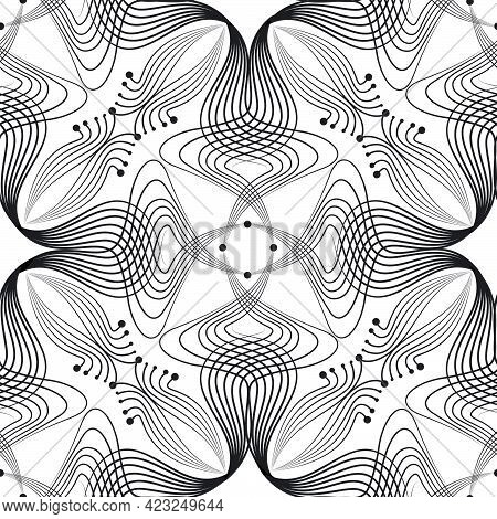 Abstract Floral Seamless Pattern With Black Line Oriental Ornament Swirl Geometric Doodle Asian Fabr