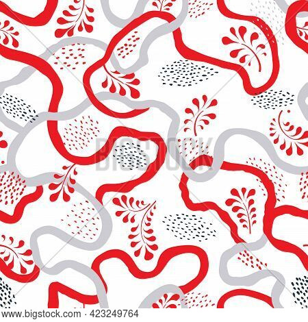 Floral Dotted Seamless Pattern With Leaves. Ornamental Drawn Background. Abstract Backdrop With Chao