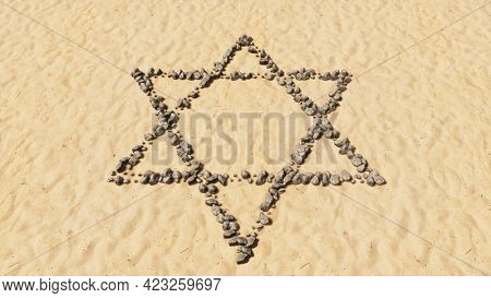Concept conceptual stones on beach sand handmade symbol shape, golden sandy background, religious hebrew David star. 3d illustration metaphor for Judaism, Israel, religion, spirituality, prayer belief