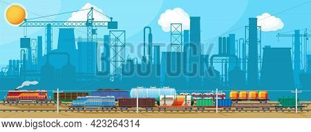 Industrial Landscape Of Cargo Rail Transportation With Plant And Fuming Pipes. Factory Building. Pip