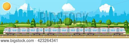 High Speed Train And Landscape With Cityscape. Super Streamlined Train. Passenger Express Railway Lo