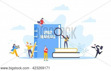User Manual Guide Book Flat Style Design Vector Illustration. Tiny People, Magnifying Glass And Guid