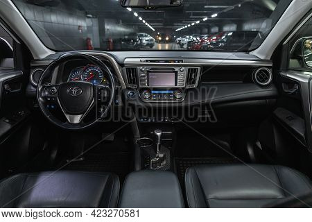 Novosibirsk, Russia - June 08, 2021: Toyota Rav4 , Steering Wheel, Shift Lever And Dashboard, Climat