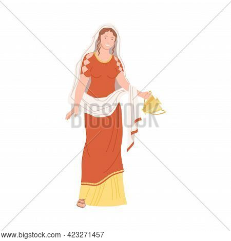 Roman Woman Wearing Long Tunic And Sandals Carrying Greek Ceramic Amphora Vector Illustration