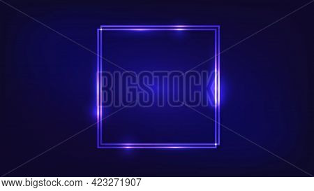 Neon Double Square Frame With Shining Effects On Dark Background. Empty Glowing Techno Backdrop. Vec