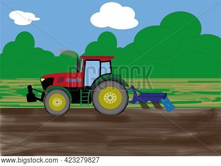 Illustration Of A Farmland, Freshly Touched Brown Soil. A Red Agricultural Tractor Is Driving Across