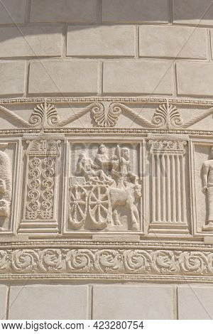 Adamclisi, Constanta, Romania - August 04, 2020: Detail Stone Sculpture Of Tropaeum Traiani At Adamc