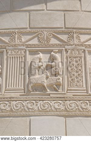 Adamclisi, Constanta, Romania - August 04, 2020: Detail Stone Sculpture Of Tropaeum Traiani At Adamc