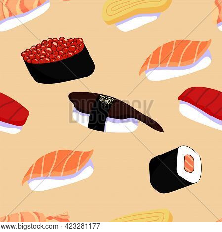 Colorful Vector Seeamless Pattern With Japanese Sushi With Salmon, Tuna, Egg, Shrimp And Eel, Salmon