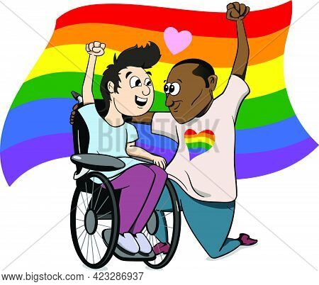 A Gay Couple Of Different Race Black And White In Love With Disability. Lgbtq Pride Week Celebration