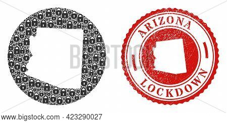 Vector Mosaic Arizona State Map Of Locks And Grunge Lockdown Seal Stamp. Mosaic Geographic Arizona S