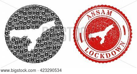 Vector Mosaic Assam State Map Of Locks And Grunge Lockdown Seal Stamp. Mosaic Geographic Assam State
