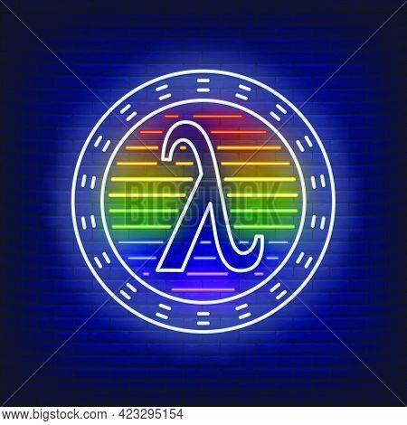 Lambda In Circle With Lgbt Colors Neon Sign. Gay Liberation, Tolerance, Discrimination Design. Night