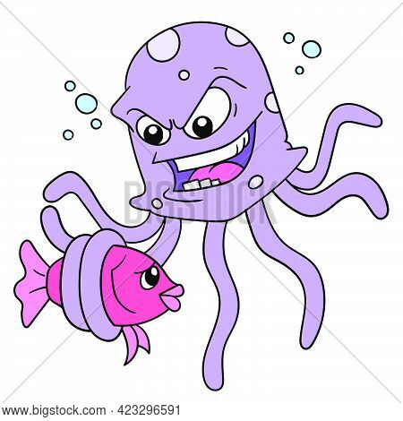 An Evil Octopus Is Catching A Fish That Is Powerless To Eat, Vector Illustration Art. Doodle Icon Im