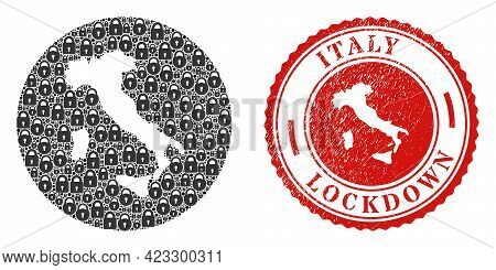 Vector Mosaic Italy Map Of Locks And Grunge Lockdown Stamp. Mosaic Geographic Italy Map Designed As 