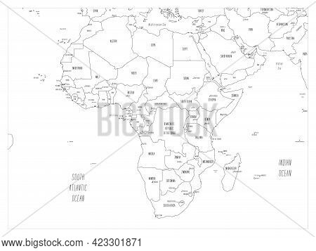 Political Map Of Africa. Black Outline Hand-drawn Cartoon Style Illustrated Map With Bathymetry. Han