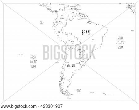 Political Map Of South America. Black Outline Hand-drawn Cartoon Style Illustrated Map With Bathymet