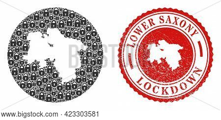 Vector Mosaic Lower Saxony Land Map Of Locks And Grunge Lockdown Seal Stamp. Mosaic Geographic Lower
