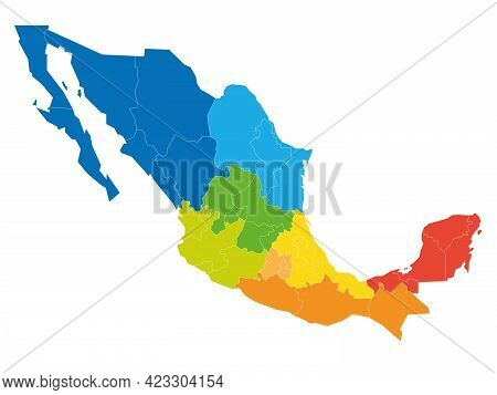 Colorful Political Map Of Mexico. Administrative Divisions - States Divided By Color Into Regions. S