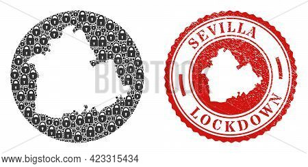 Vector Mosaic Sevilla Province Map Of Locks And Grunge Lockdown Seal Stamp. Mosaic Geographic Sevill