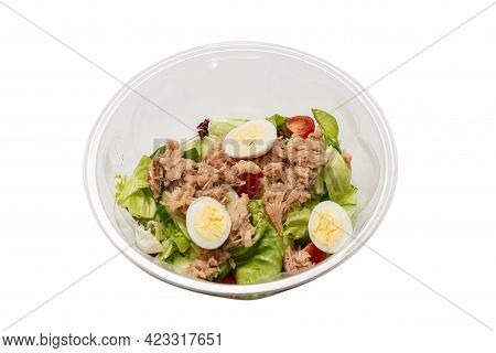 Fresh Tuna Salad With Lettuce, Cucombers, Cherries And Eggs In Plastic Container.  Top View.