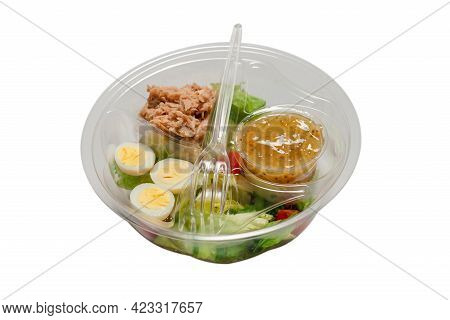 Fresh Tuna Salad With Lettuce, Cucombers, Cherries And Eggs In Plastic Container.  Top View.