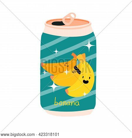 Can Of Soda With Banana On The Label. Aluminum Can Of Lemonade. Kawaii Cute Fruits. Stock Vector Ill