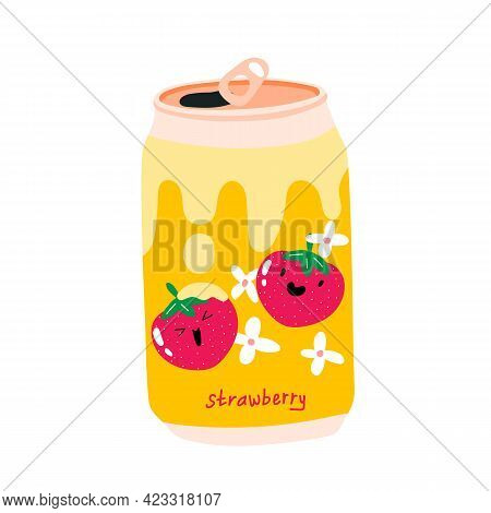 Can Of Soda With Strawberries With Cream On The Label. Aluminum Can Of Lemonade. Kawaii Cute Fruits.