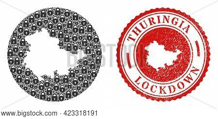 Vector Mosaic Thuringia Land Map Of Locks And Grunge Lockdown Seal Stamp. Mosaic Geographic Thuringi