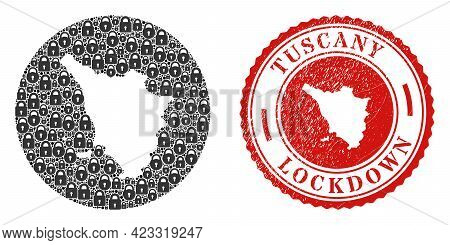 Vector Mosaic Tuscany Region Map Of Locks And Grunge Lockdown Seal. Mosaic Geographic Tuscany Region