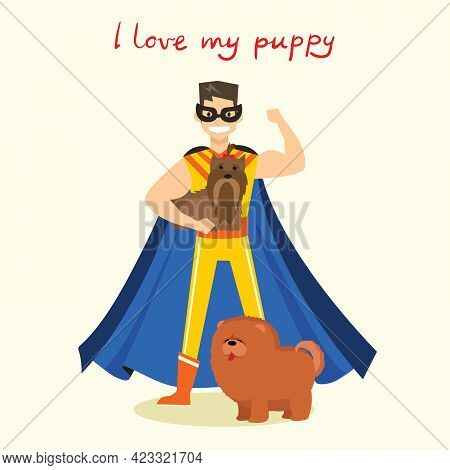Cartoon Vector Card With Superhero Man With Cute Pet Dog