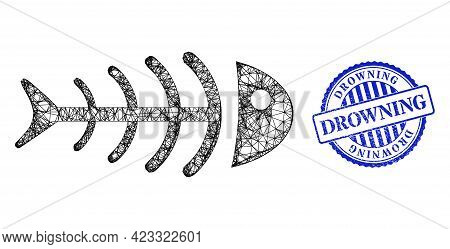 Vector Net Dead Fish Wireframe, And Drowning Blue Rosette Rubber Seal Print. Crossed Carcass Net Ill