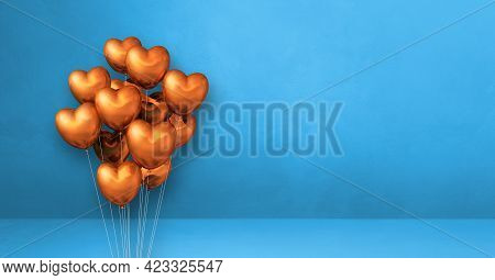 Copper Heart Shape Balloons Bunch On A Blue Wall Background. Horizontal Banner. 3d Illustration Rend