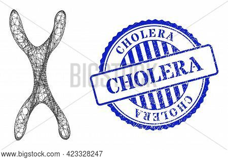 Vector Net Mesh Chromosome Carcass, And Cholera Blue Rosette Corroded Seal. Hatched Carcass Net Symb