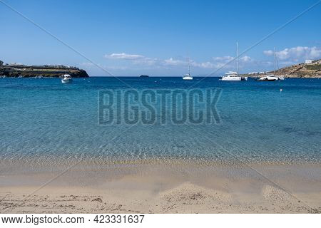 Mykonos Island, Cyclades. Greece. Ornos Sandy Beach, Summer Holidays Concept