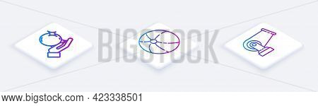 Set Isometric Line Magic Ball On Hand, Beach Ball And Cannon. White Square Button. Vector