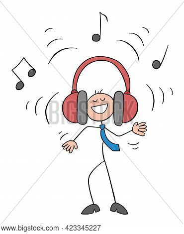 Stickman Businessman Character Listening To Loud Music With Big Earphones, Vector Cartoon Illustrati