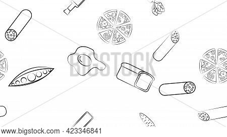 Black And White Endless Seamless Pattern Of Food And Snack Items Icons Set For Restaurant Bar Cafe: 