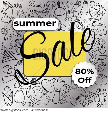 Summer Sale Banner. Gradient Silver Background With Various Vegatebles. Vegan Food. Vegeterian Food.