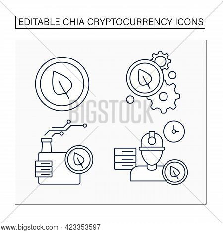 Chia Cryptocurrency Line Icons Set. Chia Coin Processing, Storage Industry, Space Proof. Digital Mon