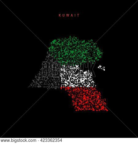 Kuwait Flag Map, Chaotic Particles Pattern In The Colors Of The Kuwaiti Flag. Vector Illustration Is