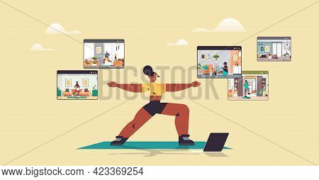 Woman Doing Stretching Exercises Mix Race People In Web Browser Windows Working Out Online Training