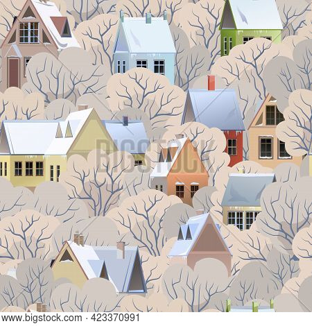 Rural Houses. Seamless Pattern. Trees. Winter Season. Gable Roofs Are Covered With Snow. Nice And Co