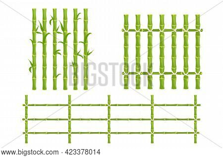 Set Green Bamboo Fence With Rope, Picket From Sticks, Nature Wall In Cartoon Style Isolated On White